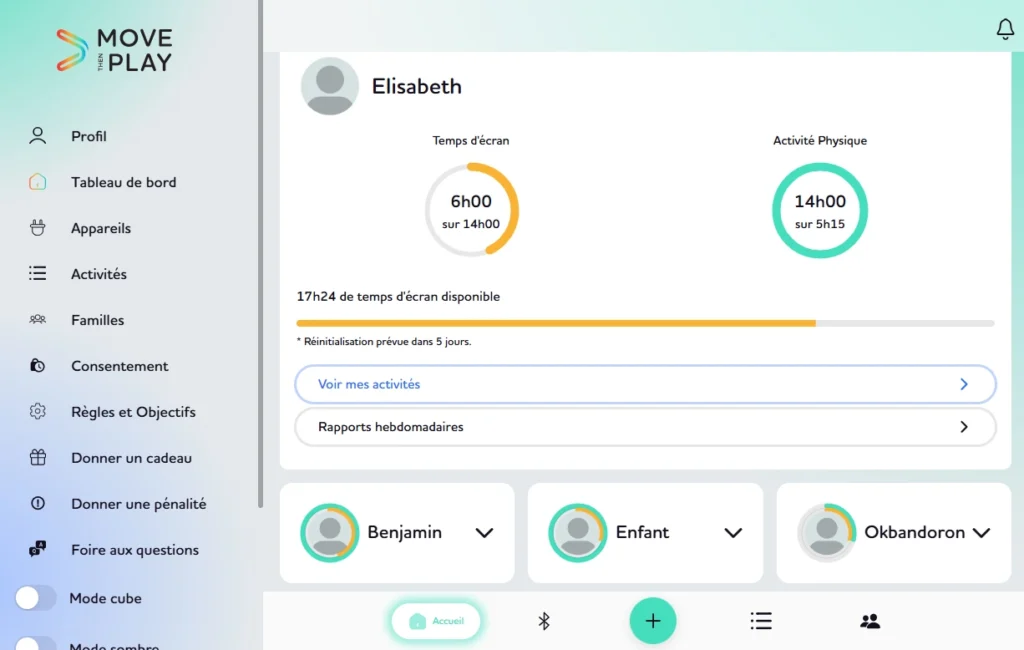 Familles Accès exclusif aux données des membres de la famille, filtrées par jour et objectif. Visualisation des objectifs Visualisation de toute les donnée inscrites des membres de la famille Classé par : Jours Semaine